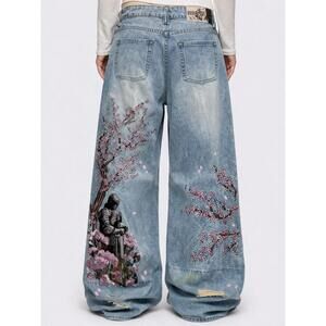 Cherry Blossom Embroidered Straight Leg Jeans
